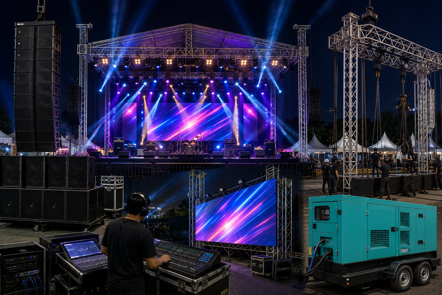 Peralatan lighting, sound system, dan panggung acara