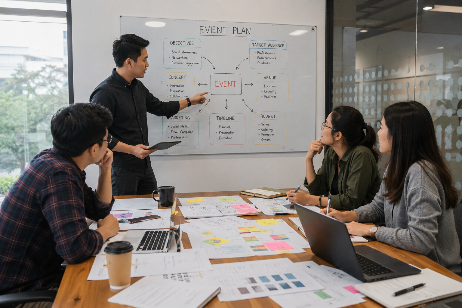 Tim event planning menyiapkan rundown acara